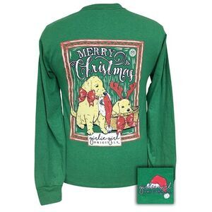 GIRLIE GIRL green t-shirt‎ preppy Christmas dogs long sleeve L